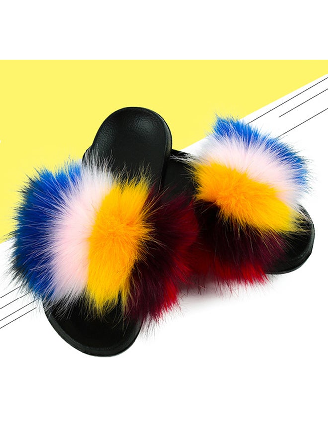 Stylish Women Color Block Faux Fur Flat Slippers Sandals Non Slip Homewear Shoes Black+Wine Red#  - Image 5