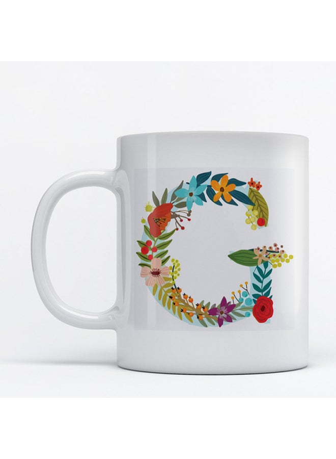 أتيك مج قهوة بطبعة حرف G وزهور أبيض/أخضر/أزرق 9.2x7.7سم