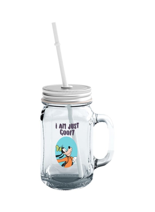 LOUD UNIVERSE Goofy Dog Printed Glass Mason Jar With Lid And Straw Clear/Silver/Blue 