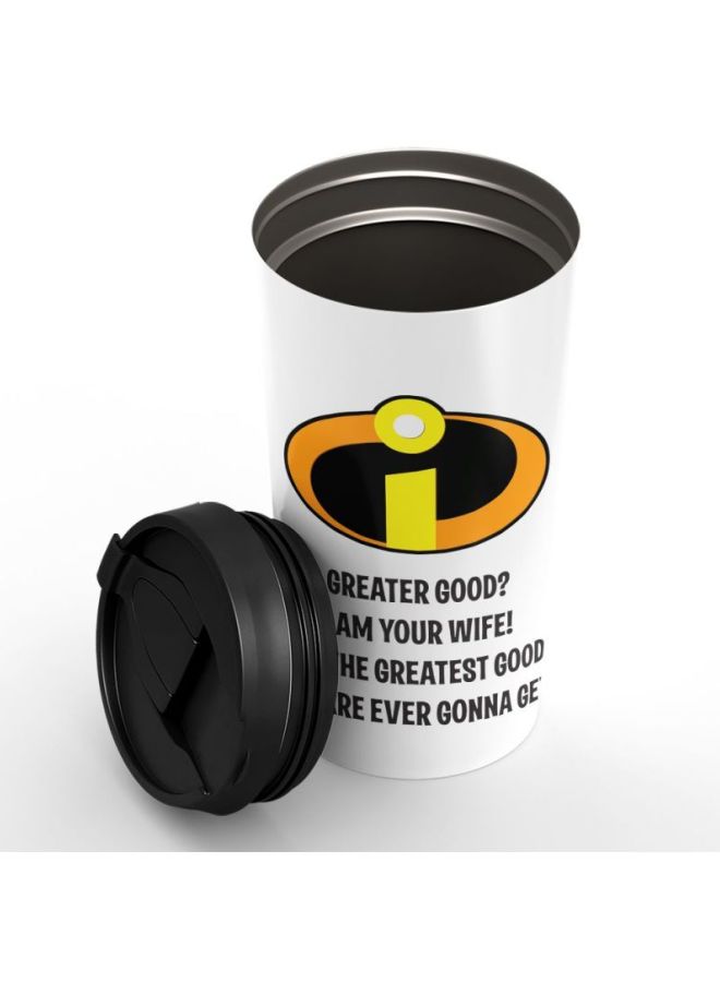 LOUD UNIVERSE Greater Good Quote Incredibles Printed Stainless Steel Travel Tumbler With Lid White/Black/Yellow  - Image 2