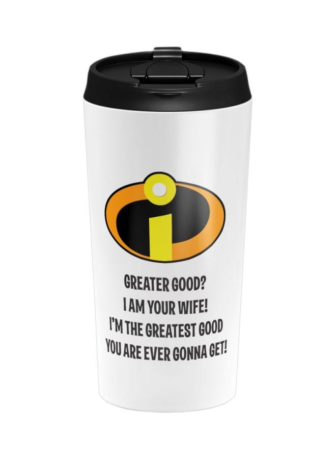 LOUD UNIVERSE Greater Good Quote Incredibles Printed Stainless Steel Travel Tumbler With Lid White/Black/Yellow  - Image 1