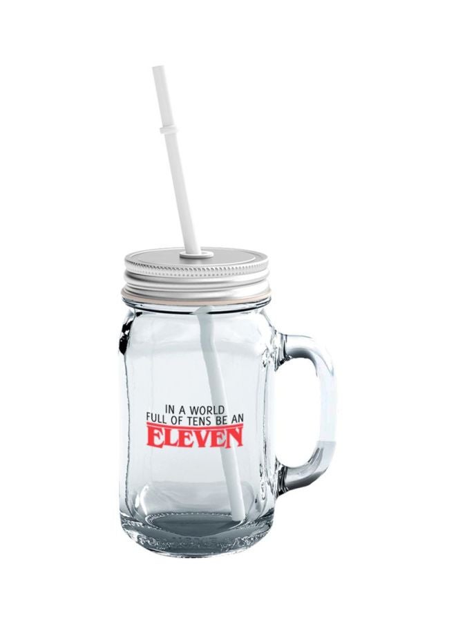 LOUD UNIVERSE Alphabets Stranger Things Printed Glass Mason Jar With Lid And Straw Clear/Silver/Black  - Image 1