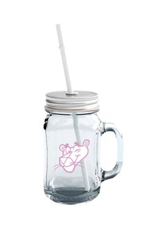 Go Panther Printed Glass Mason Jar With Lid And Straw Clear/Silver/White