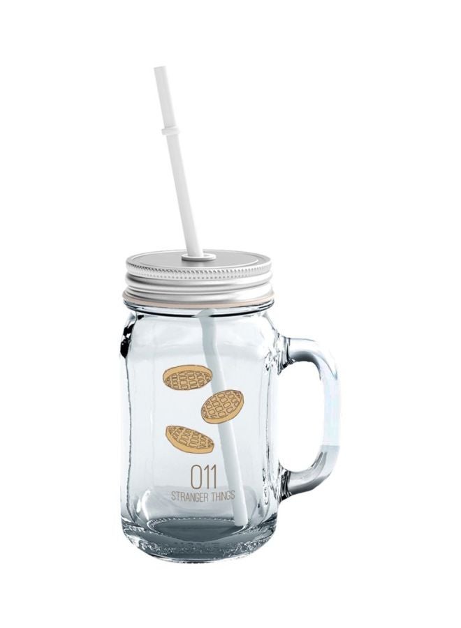 LOUD UNIVERSE Be Eleven Stranger Things Printed Glass Mason Jar With Lid And Straw Clear/Silver/Brown  - Image 1