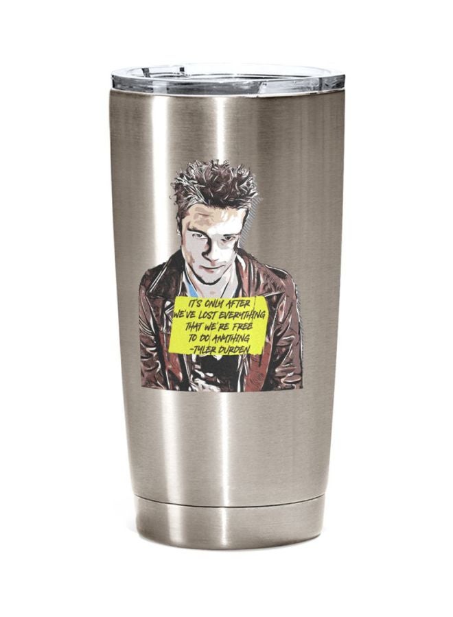 LOUD UNIVERSE Bradd Pitt Lost Everything Quote Printed Travel Tumbler With Acrylic Lid Silver/Brown/Yellow  - Image 1