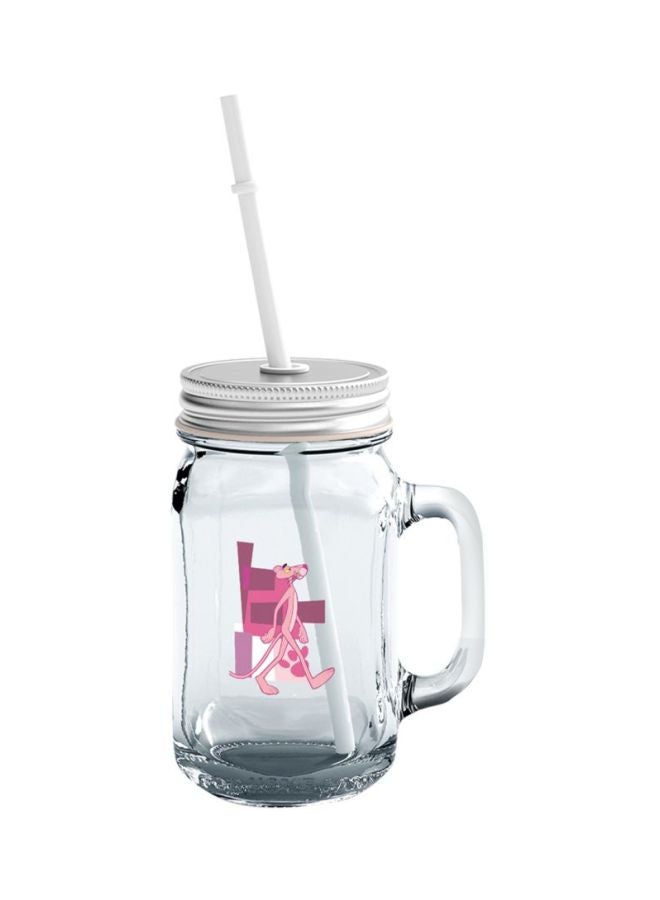 LOUD UNIVERSE - Chilling Panther Printed Mason Jar With Lid And Straw Clear/Pink/Silver - Image 1