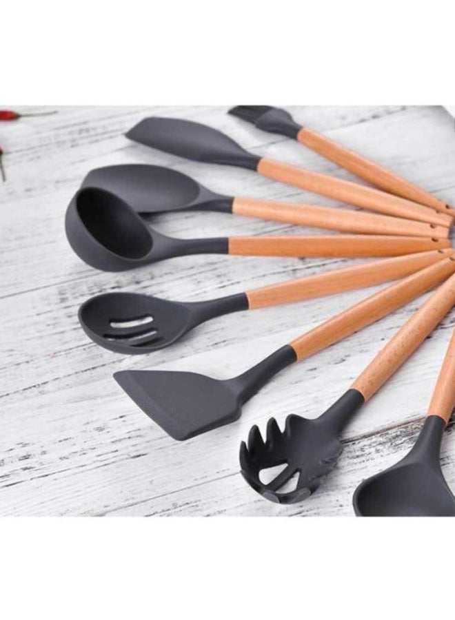 11-Piece Cooking Utensils Set With Wooden Handles Metal Container, Cookware,Kitchen Utensils,Spatula,Silicone Utensils, Nonstick Cookware, Heat Resistance Black 11.93inch - v1603963039/N27606099A_2