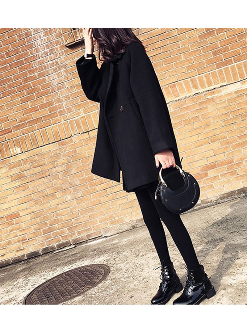 Winter Loose Fit Lapel One Button Coat Black