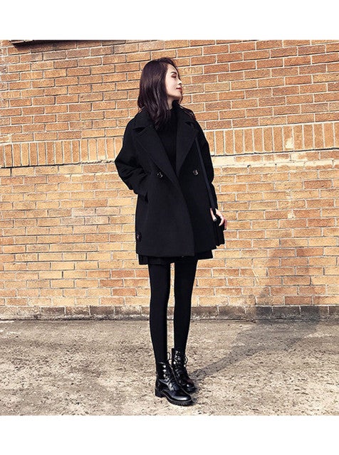 Winter Loose Fit Lapel One Button Coat Black