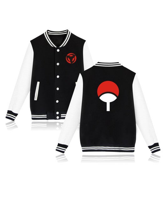 Naruto Printing Long Sleeve Loose Baseball Jacket Black/White 
