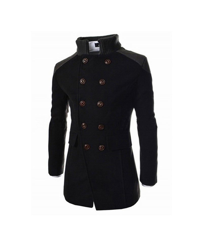 Double Breasted Stand Collar Trench Coat Black - Image 1