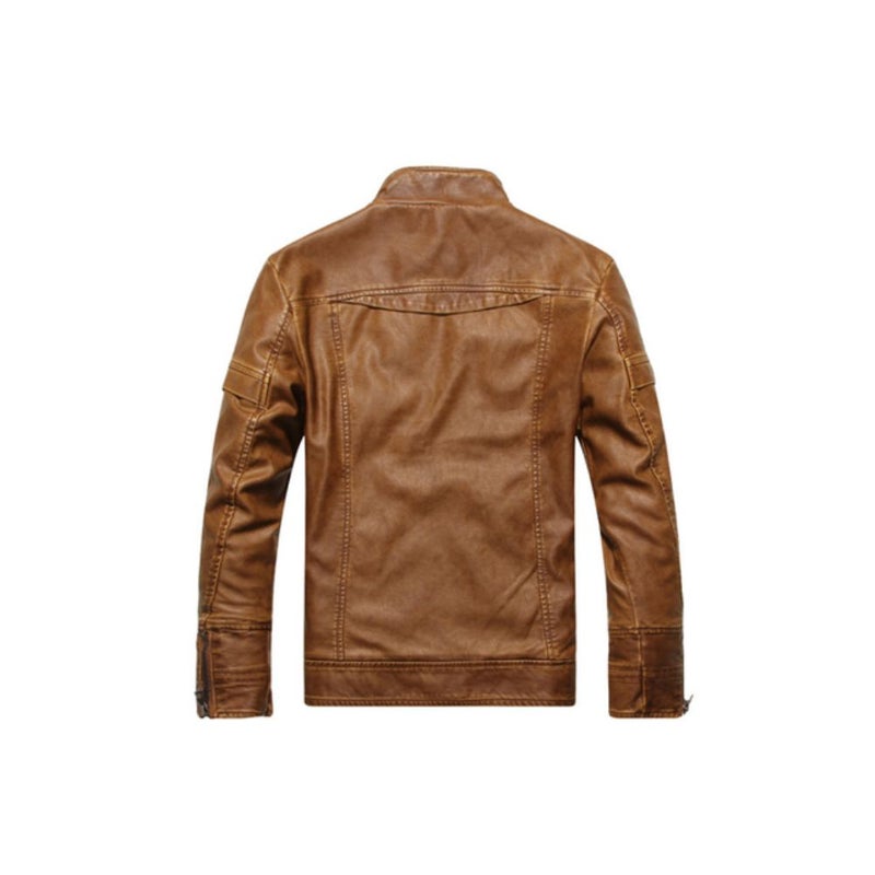 Stand Collar Fleece Lined Motorcycle Jacket Brown  - Image 2