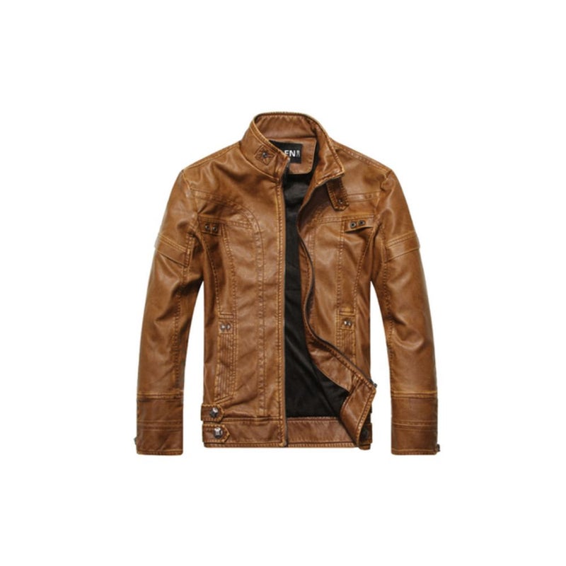 Stand Collar Fleece Lined Motorcycle Jacket Brown  - Image 1
