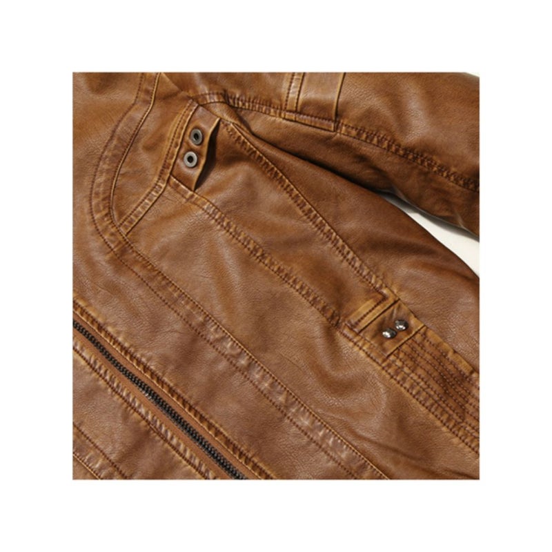 Stand Collar Fleece Lined Motorcycle Jacket Brown  - Image 4