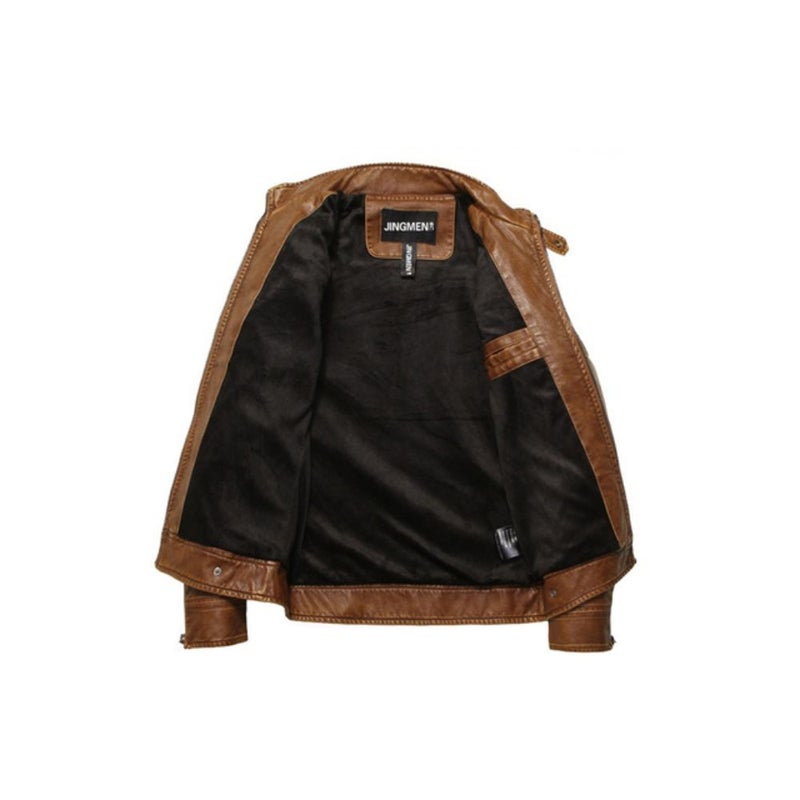 Stand Collar Fleece Lined Motorcycle Jacket Brown  - Image 3
