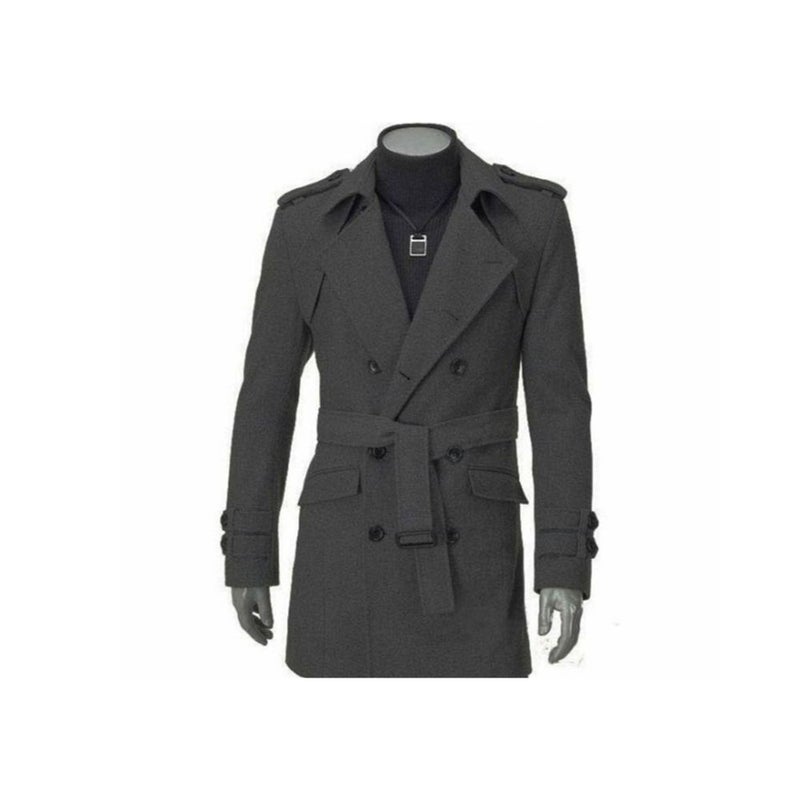 Lapel Mid Length Button End Coat with Waist Band Grey - Image 1