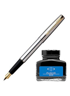 PARKER 2-Piece Frontier Fountain Pen And Quink Ink Bottle Set Silver/Black/Gold  - Image 1