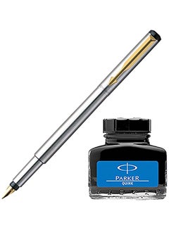 PARKER Vector GT Fountain Pen With Quink Ink Bottle Silver/Gold/Black  - Image 1
