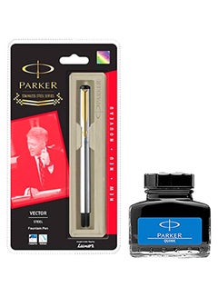 PARKER Vector GT Fountain Pen With Quink Ink Bottle Silver/Gold/Black  - Image 3