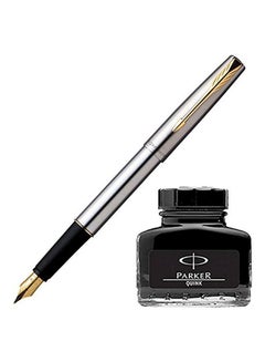 PARKER Frontier Fountain Pen And Quink Ink Bottle Silver/Gold/Black  - Image 1