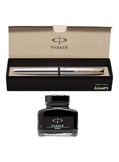 PARKER Frontier Fountain Pen And Quink Ink Bottle Silver/Gold/Black  - Image 2