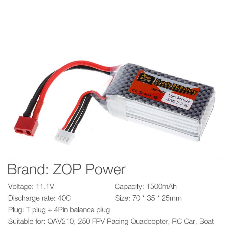 ZOP POWER - 3S 11.1V 1500mAh 40C T Plug LiPo Battery For Racing Quadcopter RC Car Boat 10.4cm - Image 1