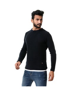 Solid Round Neck Long Sleeve Pullover Navy Blue