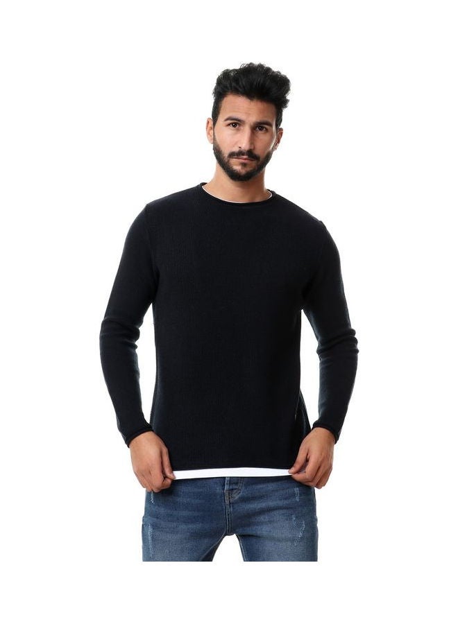 WHITE RABBIT - Solid Round Neck Long Sleeve Pullover Navy Blue - Image 1