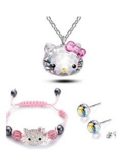 Crystals Necklace, Earrings And Rope Bracelet Kity Set pink