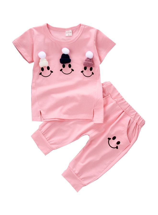 Joychic 2-Piece Smiley Printed T-Shirt With Pants Pink/Black