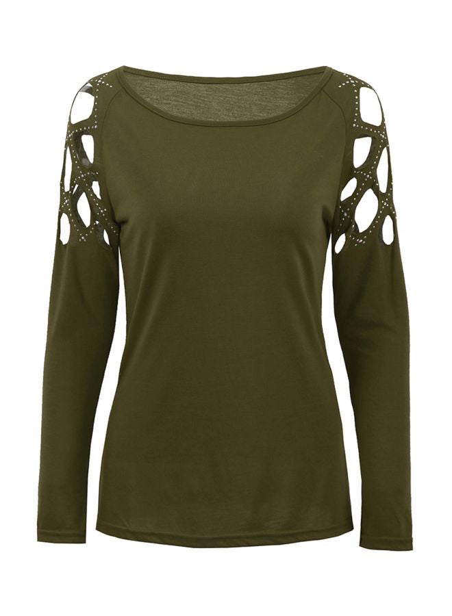 تيشيرت بأكمام طويلة مرصع بحجر الراين اللون الأخضر العسكري - Image 1