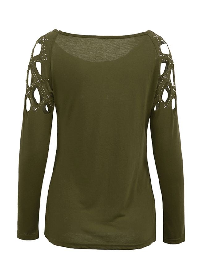 تيشيرت بأكمام طويلة مرصع بحجر الراين اللون الأخضر العسكري - Image 2