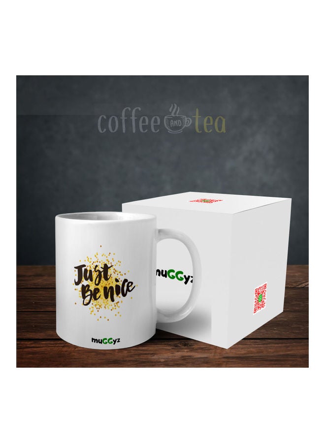 muGGyz Just Be Nice Printed Ceramic Coffee Mug White/Brown/Yellow - Image 3