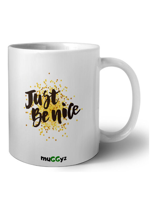 muGGyz Just Be Nice Printed Ceramic Coffee Mug White/Brown/Yellow - Image 1