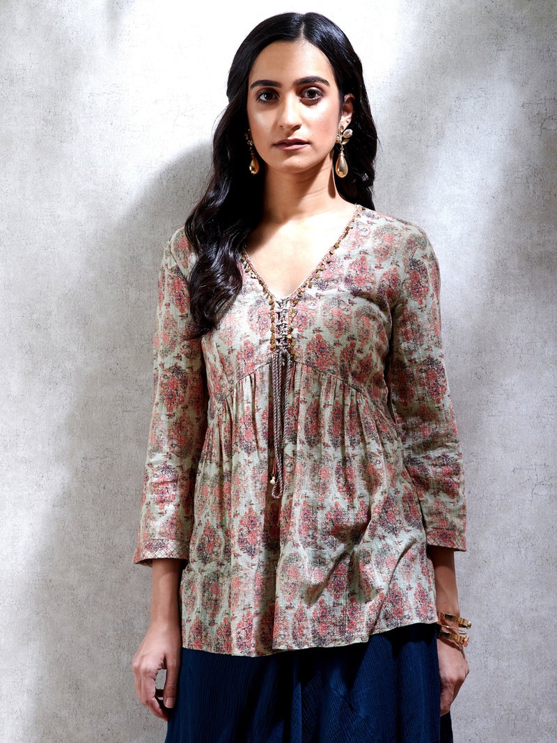 RITU KUMAR V-Neck 3/4 Sleeves Floral Printed Kurti Multicolour  - Image 1