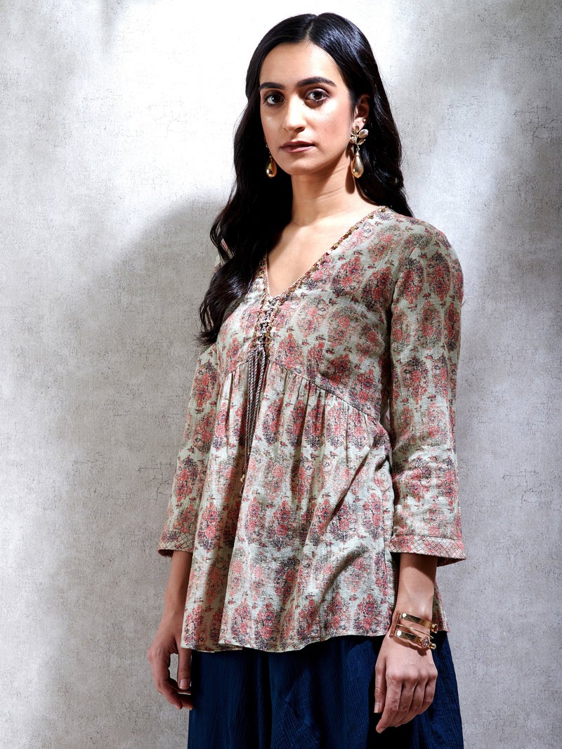 RITU KUMAR V-Neck 3/4 Sleeves Floral Printed Kurti Multicolour  - Image 4