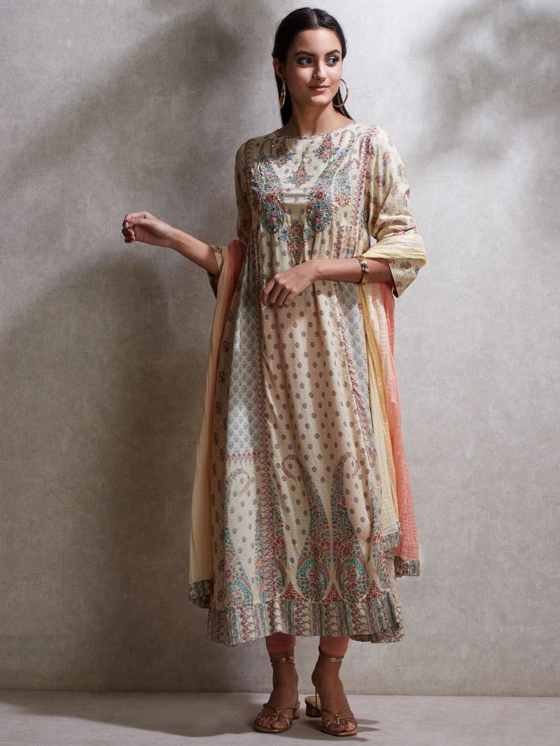 RITU KUMAR - Paisley Print Round Neck Suit Set Beige - Image 1