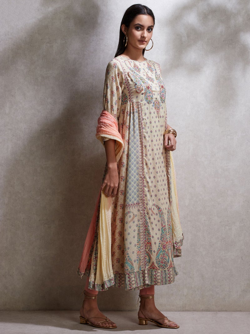 RITU KUMAR - Paisley Print Round Neck Suit Set Beige - Image 1