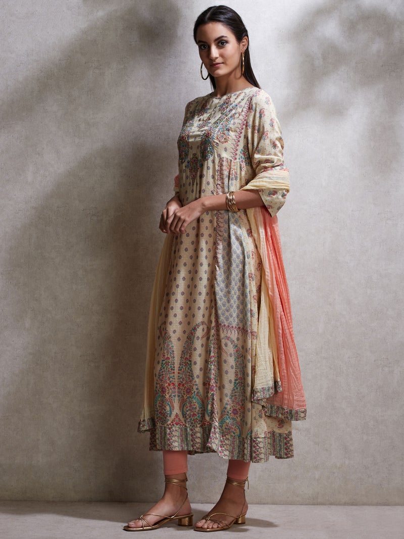 RITU KUMAR - Paisley Print Round Neck Suit Set Beige - Image 1