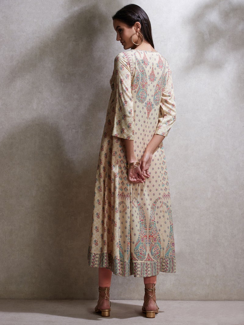 RITU KUMAR - Paisley Print Round Neck Suit Set Beige - Image 1