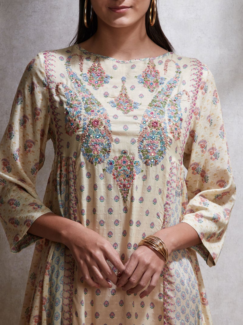 RITU KUMAR - Paisley Print Round Neck Suit Set Beige - Image 1