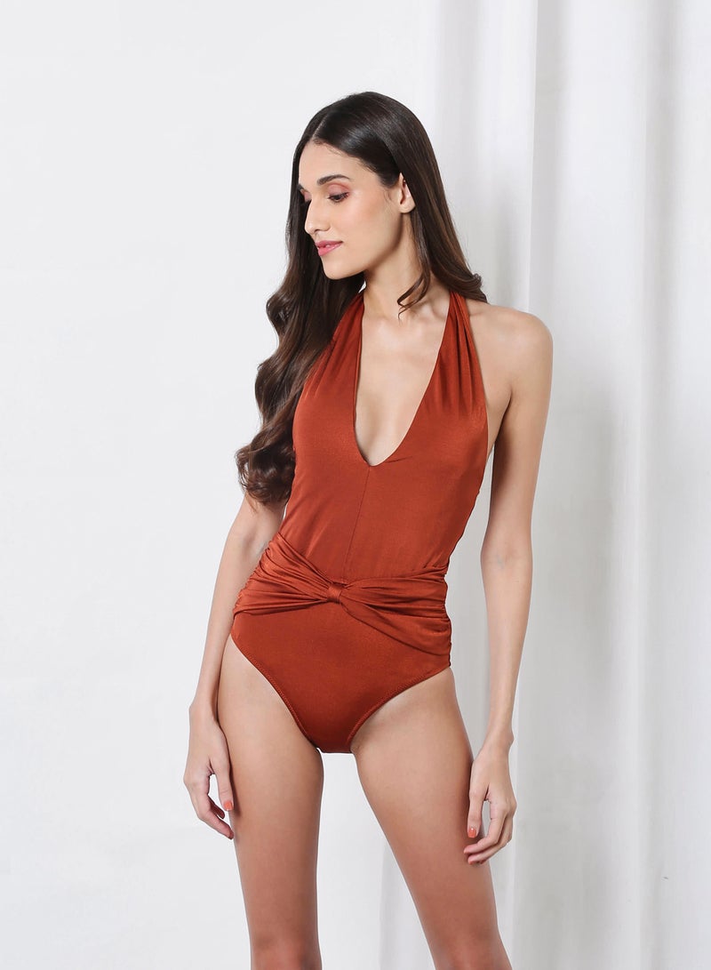 trendyol - Gathered Front Swimsuit Brown - Image 1