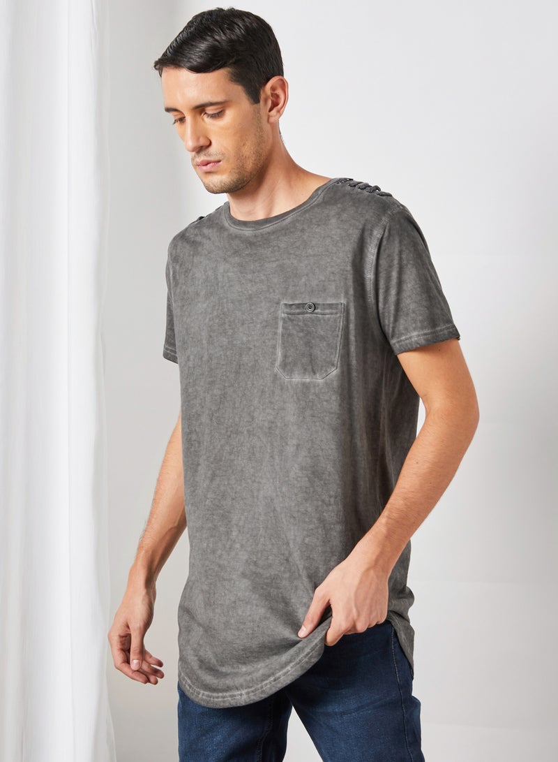 BRAVE SOUL Busted Lace Up Shoulder T-Shirt Grey Acid Wash  - Image 2