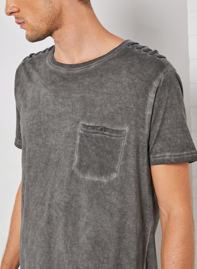 BRAVE SOUL Busted Lace Up Shoulder T-Shirt Grey Acid Wash  - Image 3
