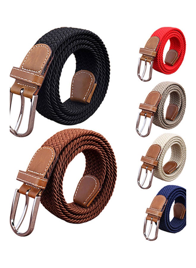 حزام خصر مطاطي منسوج من قماش الكانفاس، بتصميم سادة مزود بإبزيم معدني للنساء كاكي - Image 3