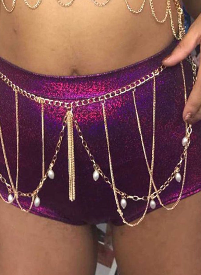 Generic - Faux Pearl Tassel Waist Belly Chain Gold - Image 1