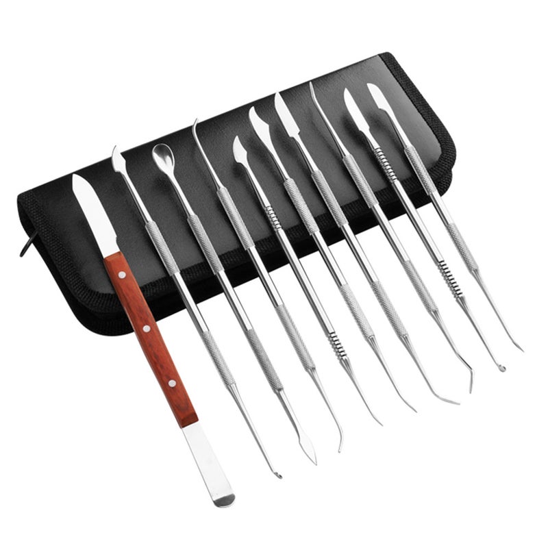 طقم أدوات من الستانلس ستيل بطرف مزدوج لشمع الأسنان مكون من 10 قطع مع حقيبة تخزين فضي 20 x 1 x 10سم - Image 3