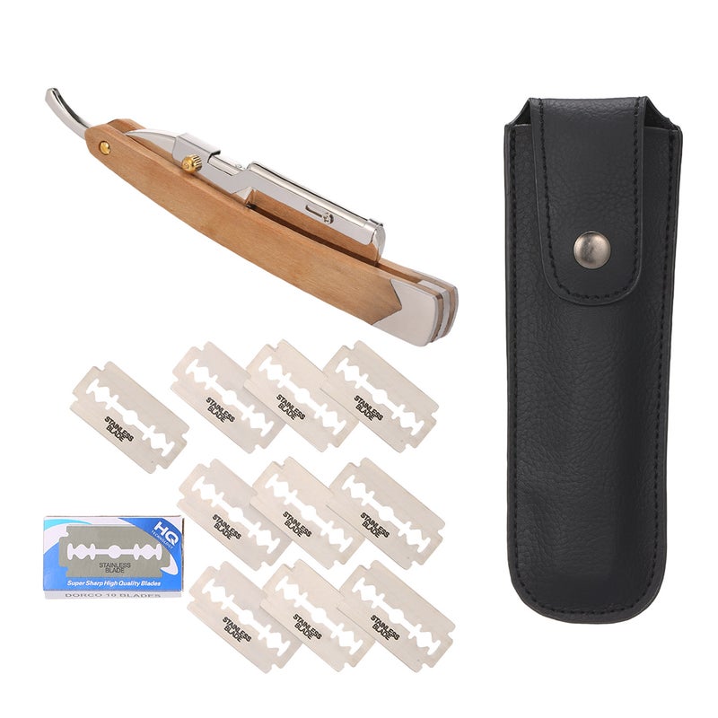 Generic Straight Foldable Razor With 10 Piece Blades And Storage Bag Silver 20 x 4 x 8cm - Image 1
