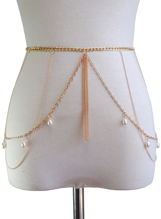 Generic - Faux Pearl Tassel Waist Belly Chain Gold - Image 1