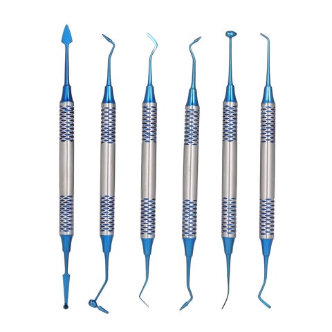 6 Piece Dental Composite Resin Filling Spatula Titanium Plated Head Filler Set Blue 27.2 x 1 x 15.1cm